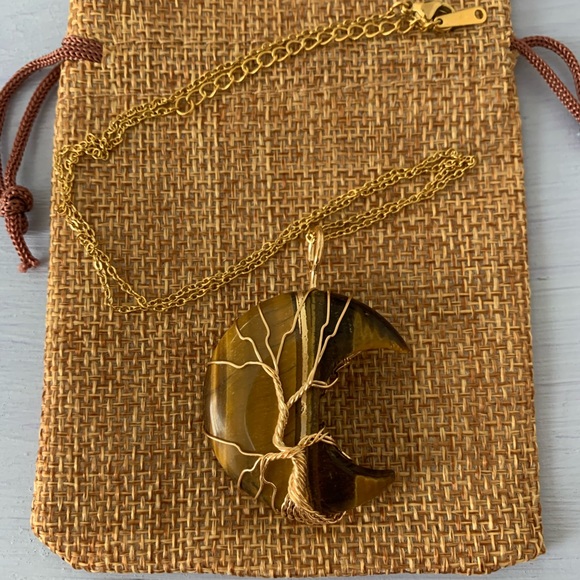 Tigers Eye Necklace Tigers Eye Pendant with Gold Plated Stainless Steel Chain - Picture 4 of 6